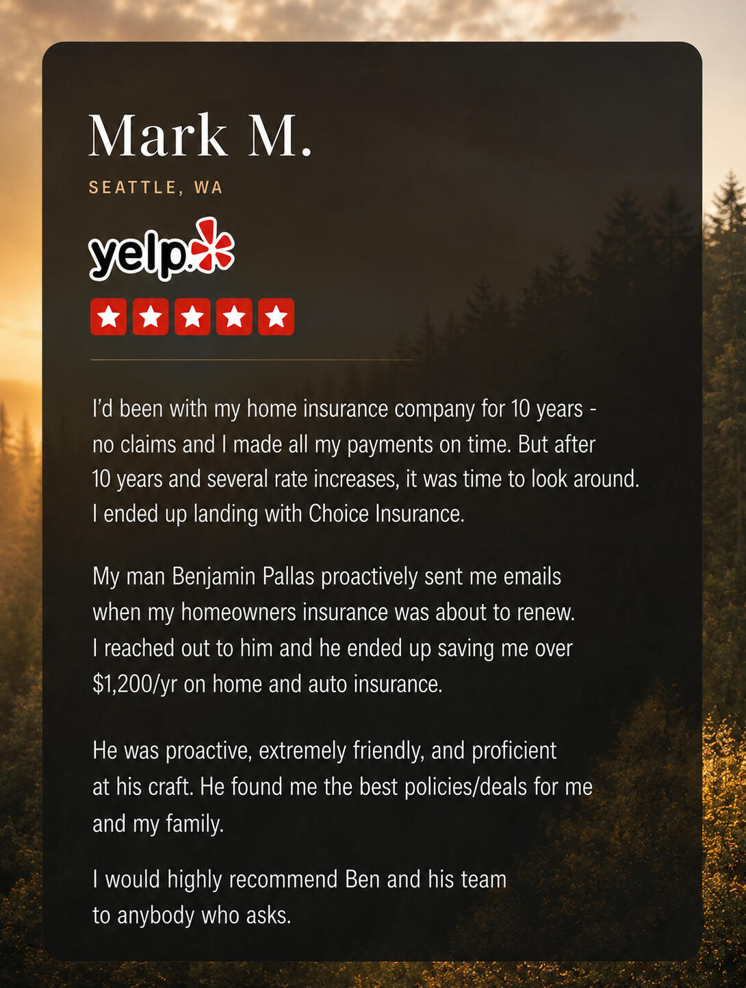 Yelp Review - Mark M Five-star Yelp review for CHOICE Insurance from Mark M
